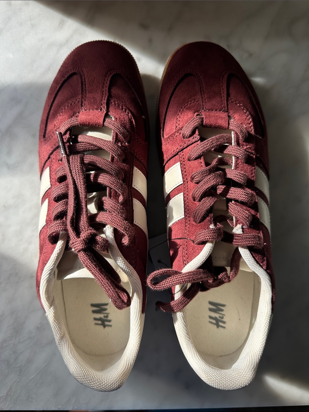 H&M Women's Burgundy Suede-Style Sneakers with White Stripes